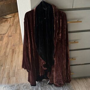 Velvet Open Front Draped Coatigan in Brown with Black Trim